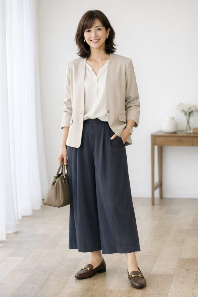 ロング丈でも、裾がもたつかず上半身に少し整いがあると、全身が重く見えにくいです。丈だけでなく、素材とトップスの重心も一緒に見るのが近道です。