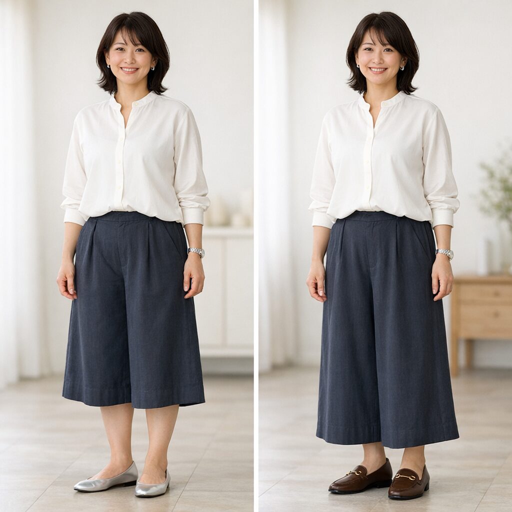 丈は短ければすっきり見えるわけではありません。横幅が目立つ位置で終わらせないだけでも、ガウチョの印象はだいぶ落ち着きます。