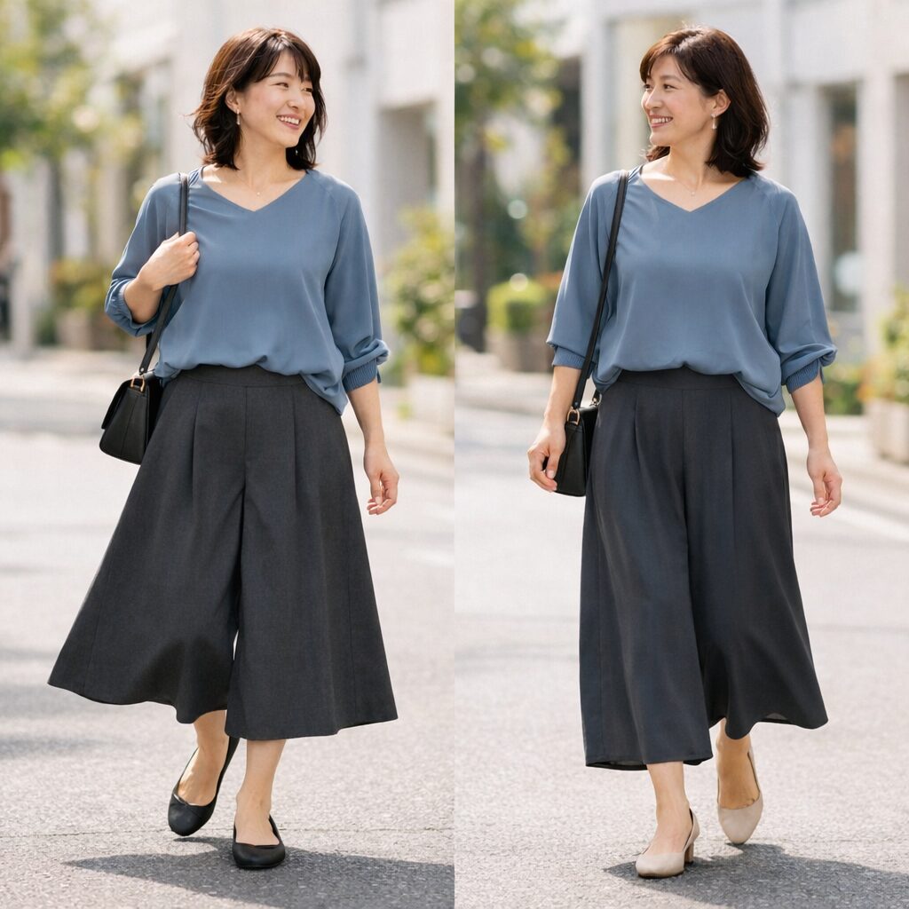 裾が広いかどうかより、横へ張るか、縦に落ちるかを見るのが近道です。少し動いたときに布がどう揺れるかを想像すると、重たさの出方が分かりやすいです。