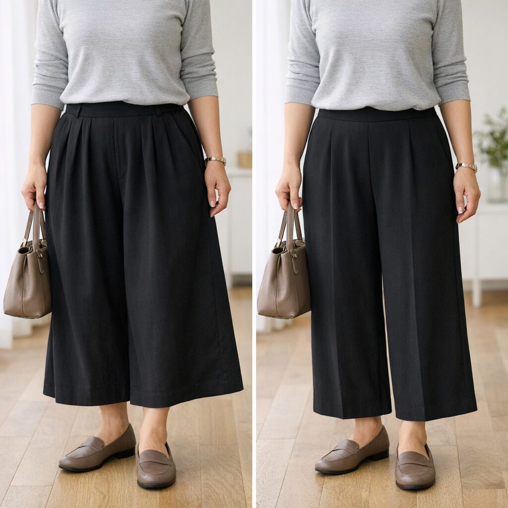 腰まわりに空気が入りすぎないだけで、全身の印象はかなり変わります。お腹を隠すことより、前から見たときの横幅が増えすぎないかを見てみると判断しやすいです。