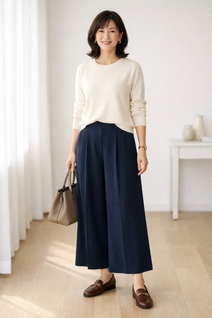 裾が横に広がりすぎず、下に流れるだけで全身がすっきり見えやすくなります。素材を見るときは、幅より先に“縦に落ちるかどうか”を意識すると判断しやすいです。