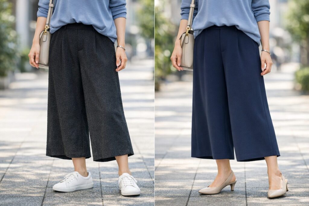 きれいめに寄せたい日は、色だけでなく生地の表面も見ておくとまとまりやすいです。少しなめらかな質感のほうが、ガウチョの幅感も上品に見えやすいと思います。