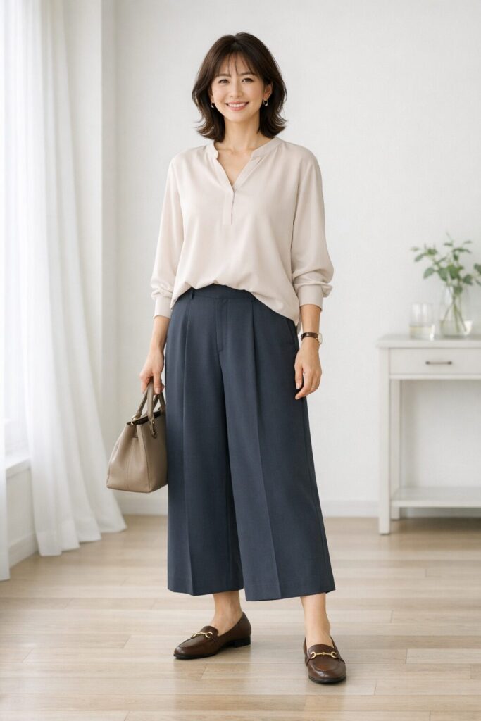 このくらいの幅だと、脚のラインを拾いにくいのに、下半身だけ大きく見えにくいです。隠すために広げるより、縦に流れるかどうかで見ると判断しやすくなります。