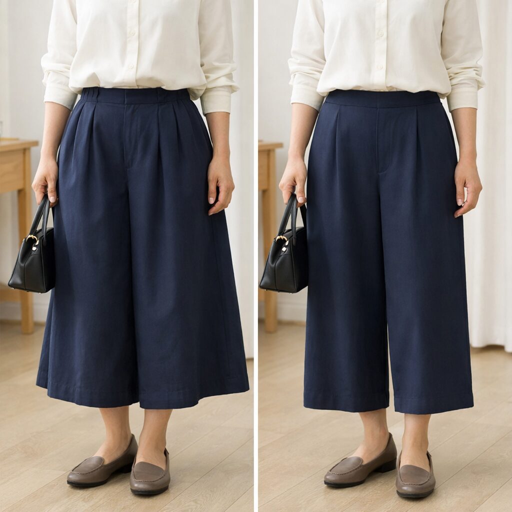 腰の近くで広がらないだけで、全身の印象はかなり変わります。幅だけを見るより、腰から下にどう落ちるかを先に見るのがおすすめです。