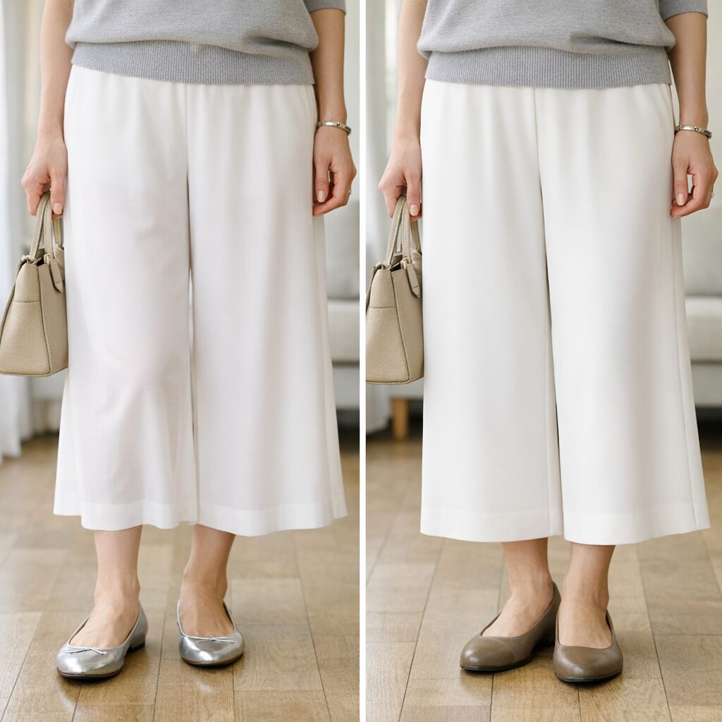 生地の表面が整っているだけで、白でも落ち着いて見えやすくなります。
迷ったときは、薄いかどうかより、脚から離れて落ちるかを先に見ると判断しやすいです。