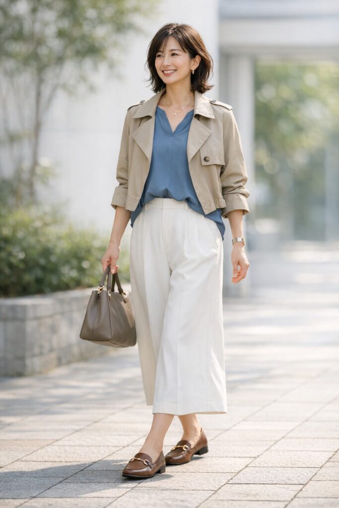 白は明るい色ですが、形と素材が整うとぐっと大人っぽく見えます。
軽さだけで選ばず、落ち感と面のきれいさまで一緒に見るのがおすすめです。