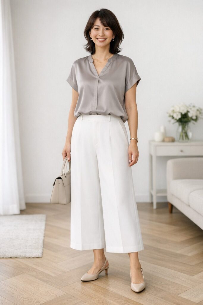 白ボトムは、装飾が少ないだけで印象がかなり整います。
ポケットや切り替えが静かなもののほうが、きれいめにも普段使いにも振りやすいです。
