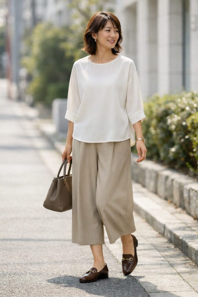 少し長めでも、裾が広がらず落ちていれば重たく見えにくいです。
丈だけで決めず、横に張るかどうかまで一緒に見るのがおすすめです。