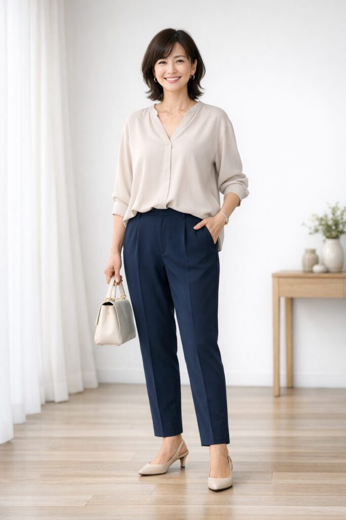 太ももだけを隠そうとするより、腰まわりから裾までの流れで見るほうが選びやすいです。裾が細くなりすぎない形だと、全身のバランスも整いやすいと思います。