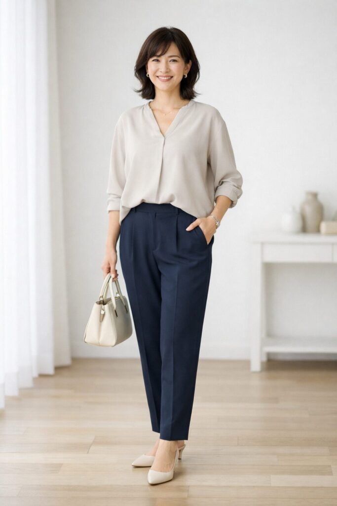 このくらいのゆとりなら、隠しすぎずすっきり見えやすいです。細さよりも、腰から裾までの流れで見ると判断しやすいと思います。