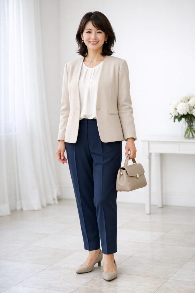 このくらいのゆとりがあると、パンツでもかしこまりすぎず上品に見えやすいです。丈は短さより、立ったときのすっきり感で見ると選びやすいと思います。