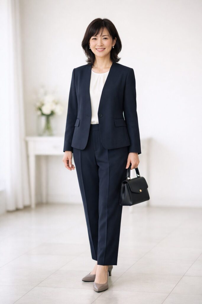 パンツでも、細さを強調しすぎないだけでかなり印象は落ち着きます。丈と色が整うと、式典らしいきちんと感が出しやすいです。