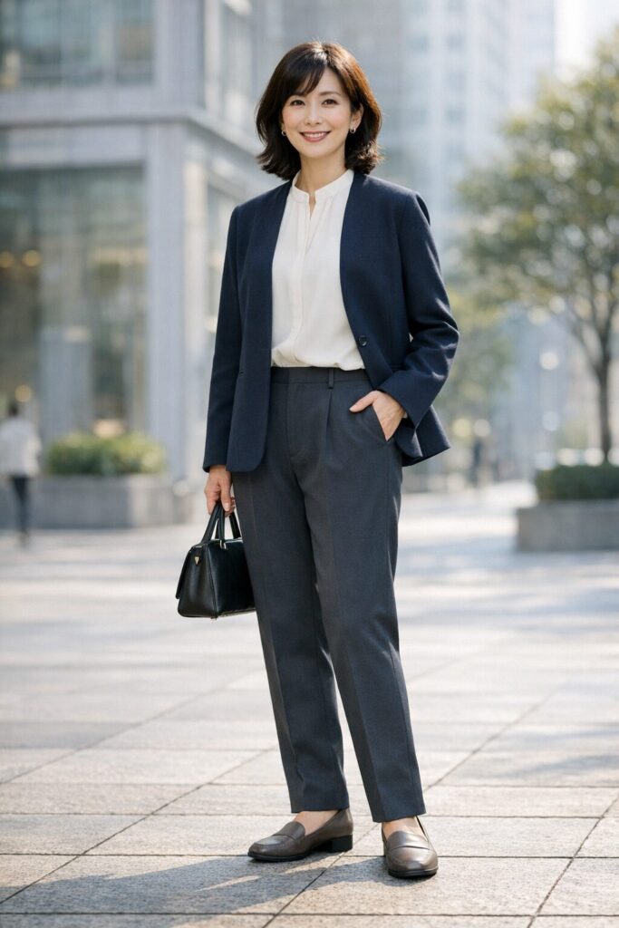 このくらい表面が整っていると、裏起毛でも重たく見えにくいです。細さよりも、腰から裾までの流れがきれいにつながるかで見ると選びやすいと思います。