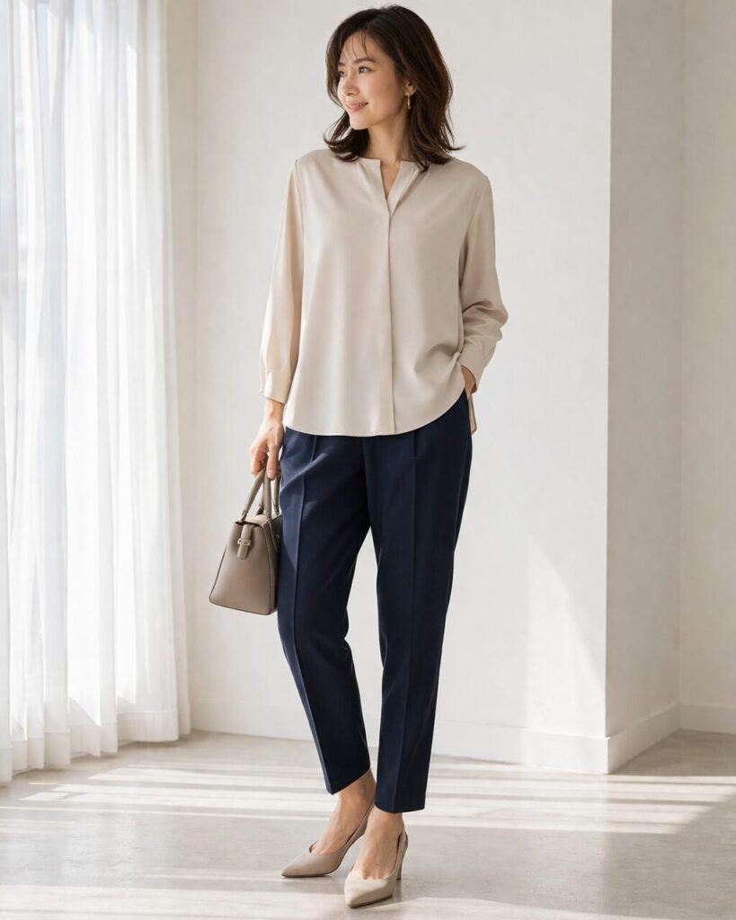 このくらいの丈なら、隠しすぎず安心感も取りやすいです。裾が外に広がらないかまで見ると、選びやすくなります。