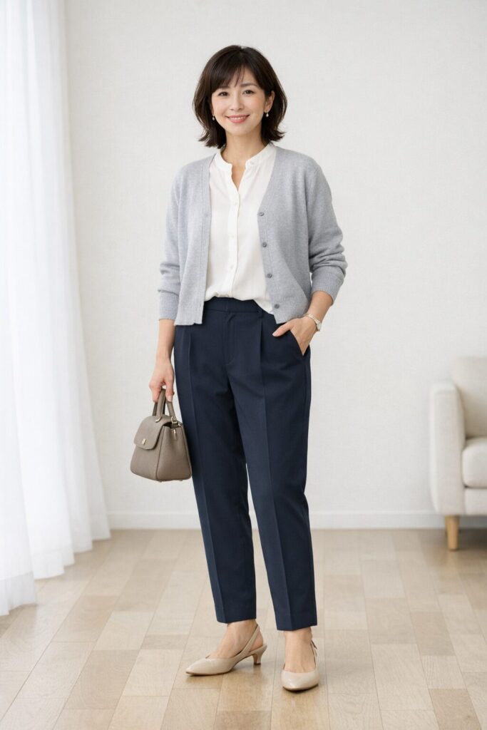 このくらいの丈だと、脚の見える位置が中途半端になりにくいです。足元に少し抜けがあると、全身の重たさも抑えやすくなります。