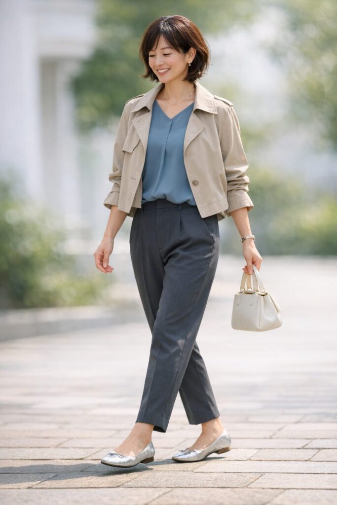 歩いたときに裾が靴の上でもたつかないと、きれいめな印象が保ちやすいです。軽さのある靴を合わせると、低身長さんでも下半身が詰まって見えにくくなります。