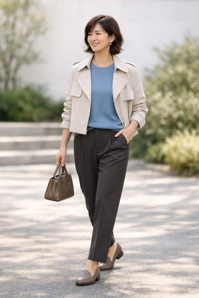 裾が靴の上で止まらないだけでも、全身の印象はすっきりしやすいです。腰まわりだけでなく、最後の落ち方まで見ると失敗しにくくなります。