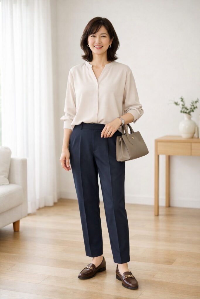 40代がきれいめに取り入れやすいテーパードパンツの室内全身バランス