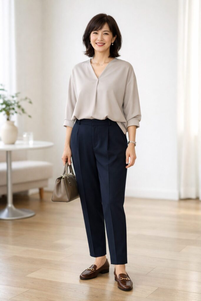 50代がきれいめに取り入れやすいテーパードパンツの全身バランス
