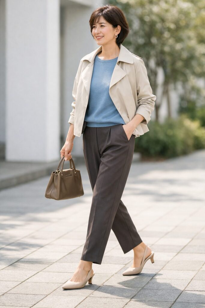 50代のテーパードパンツを重たく見せにくい足元と丈感