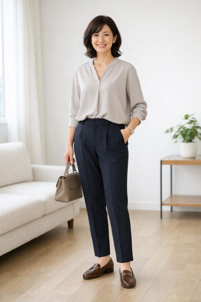 通勤で取り入れやすいテーパードパンツの全身バランス