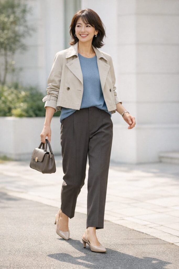 通勤向けテーパードパンツを重たく見せにくい足元と丈感
