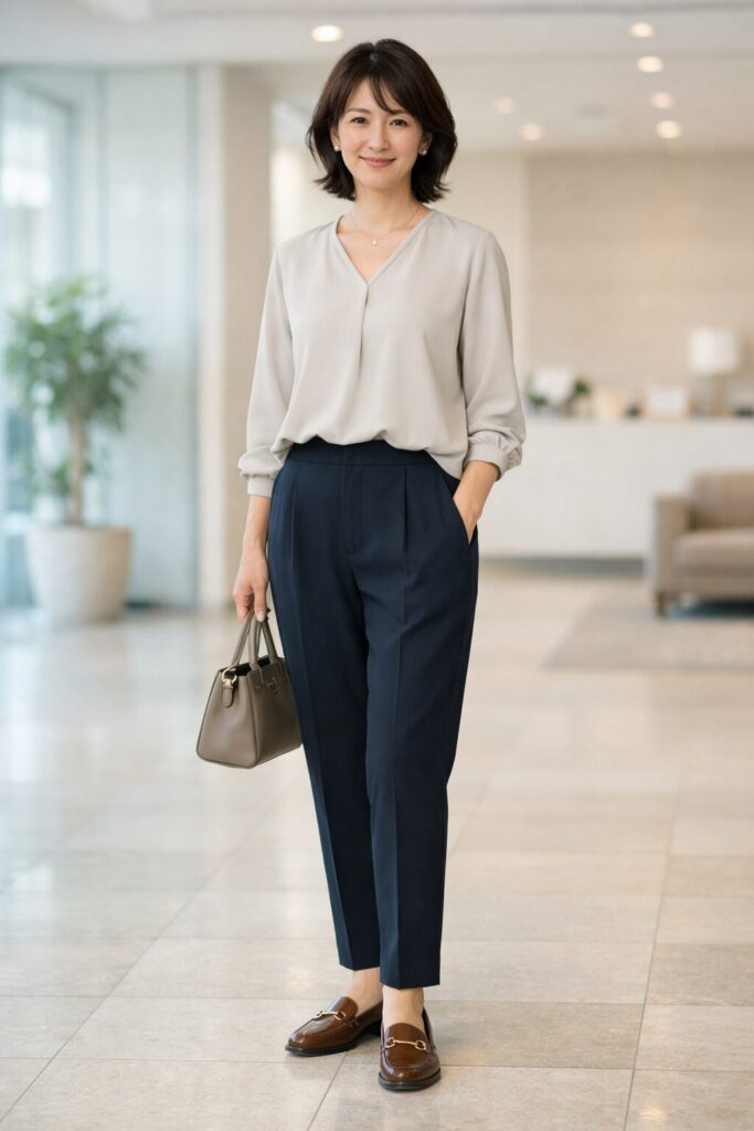 オフィスで取り入れやすいテーパードパンツの全身バランス