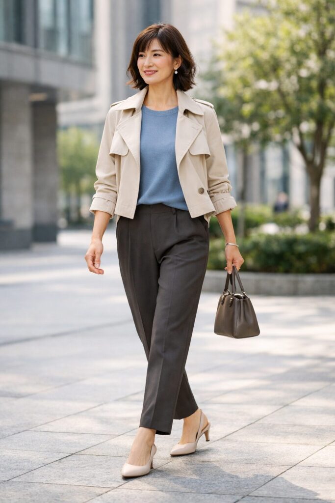 オフィスできれいめに見せやすいテーパードパンツの足元と丈感