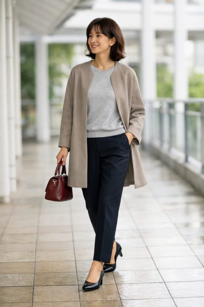 雨の日でも裾が重たく見えにくいテーパードパンツの丈感