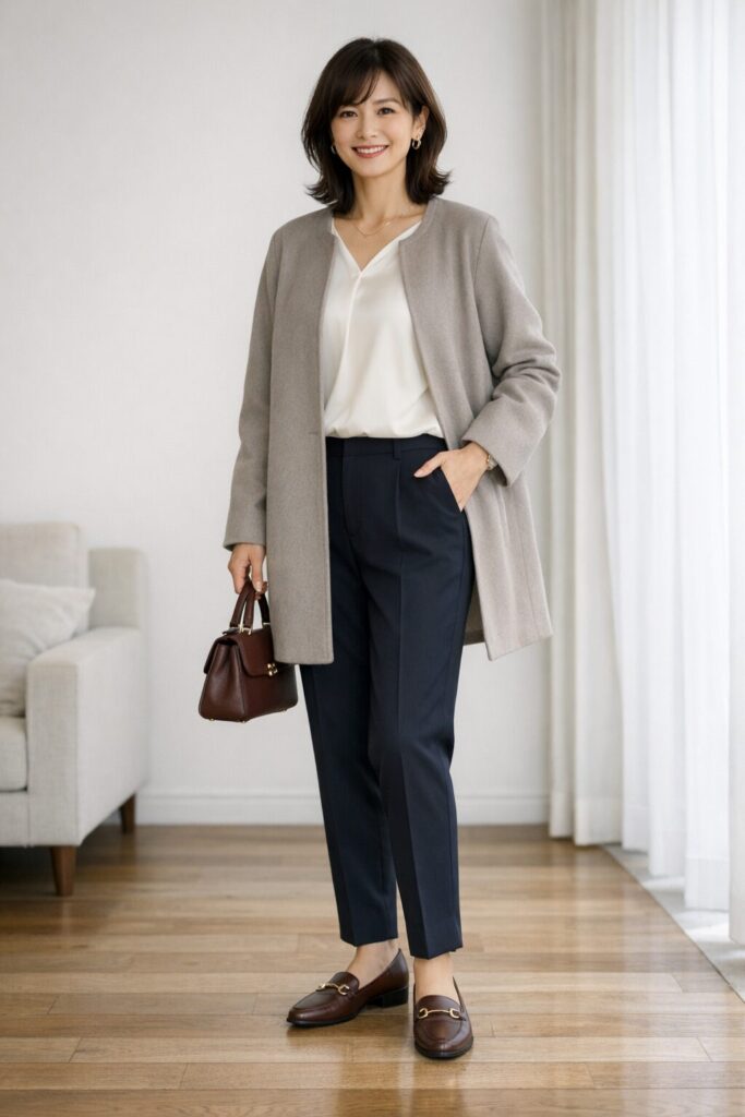 冬でも重たく見えにくいテーパードパンツの全身バランス