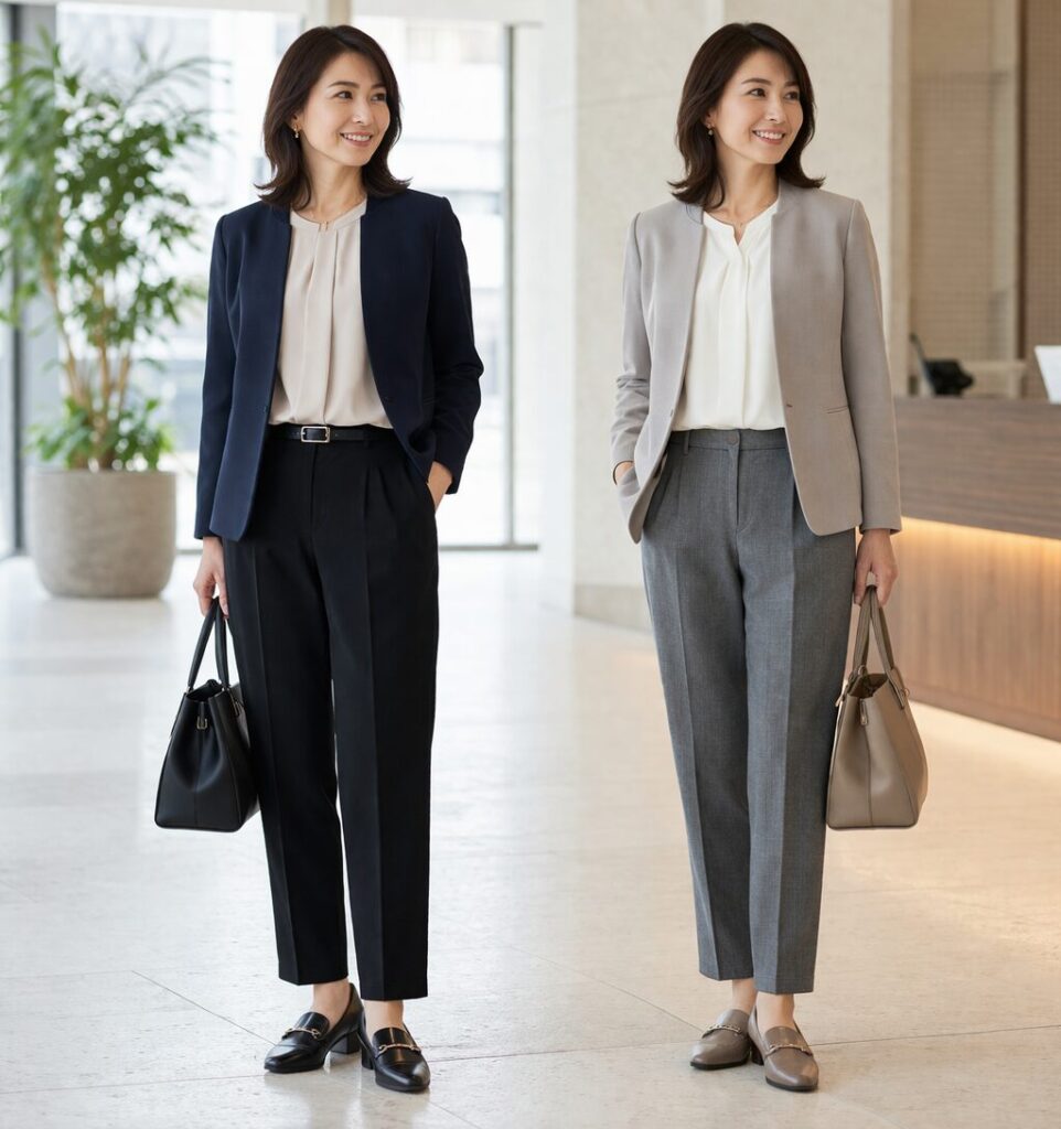 黒とグレーのテーパードパンツの通勤印象を左右で比べる全身比較