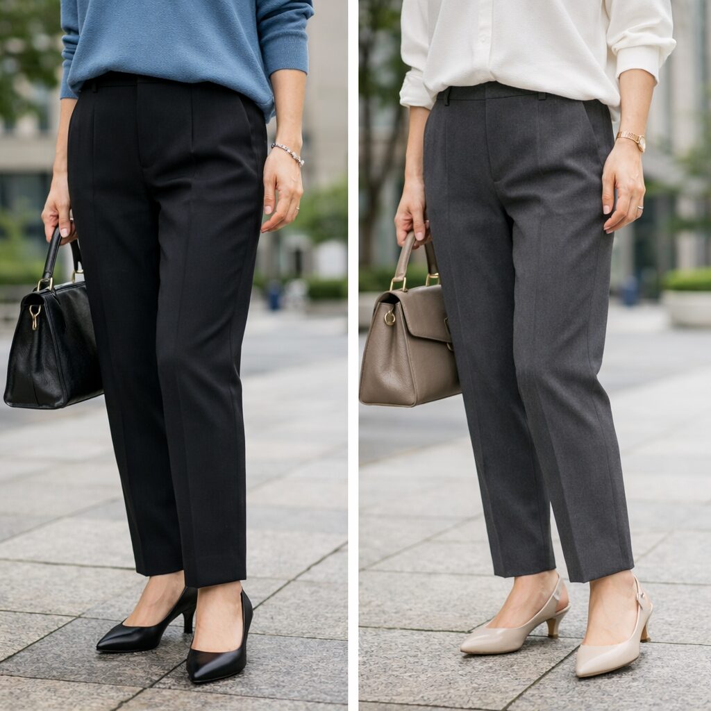 黒とグレーのテーパードパンツの足元とのつながりを比べる下半身中心比較