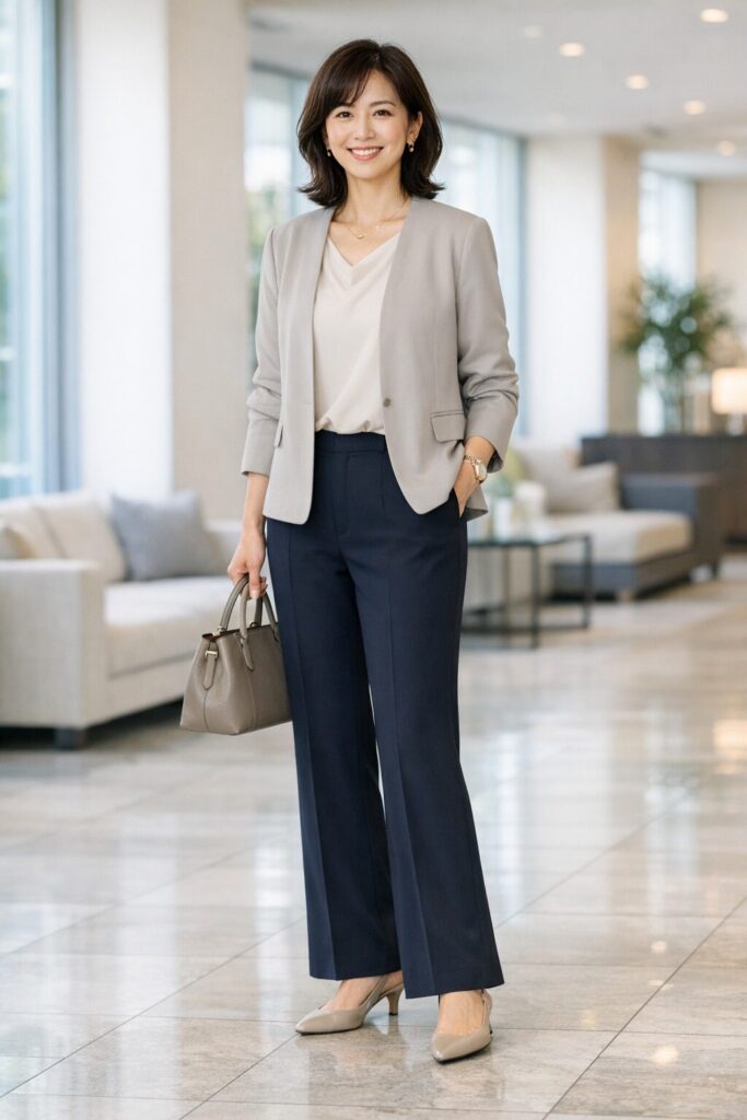 大人女性が取り入れやすい落ち感のあるフレアパンツ