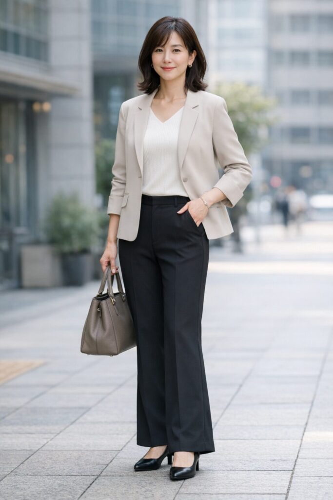 通勤では少し重たく見えやすいフレアパンツ