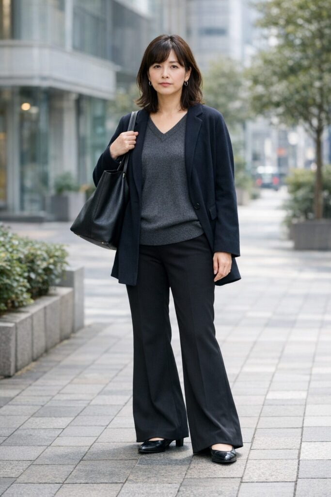 黒フレアパンツが少し重たく見えやすい全身バランス