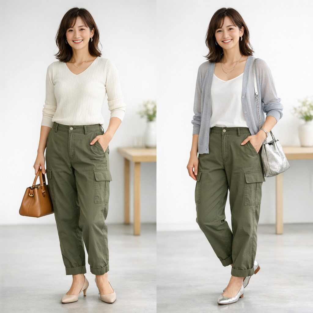 カーキのカーゴパンツが女性らしく見える配色の考え方