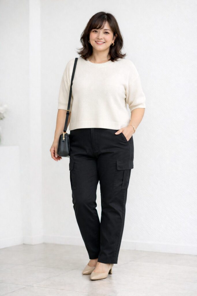 ぽっちゃり体型の大人女性による着太りしにくいカーゴパンツコーデ