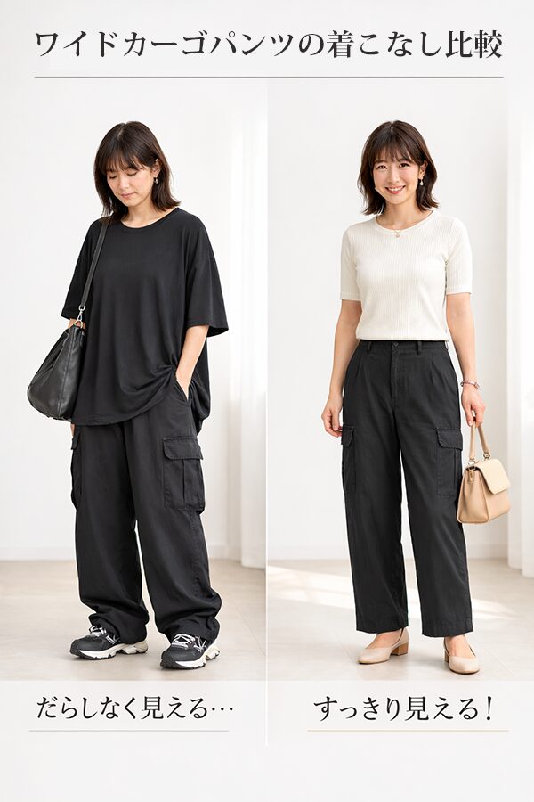 同じ大人女性によるワイドカーゴパンツの比較