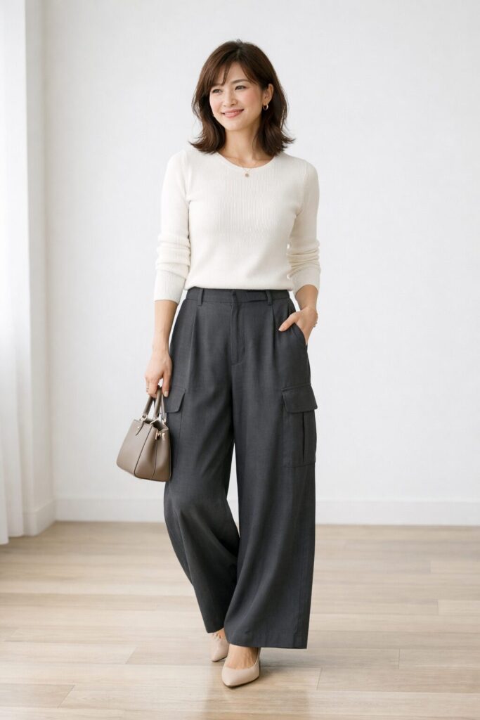 大人女性のきれいめワイドカーゴパンツコーデ
