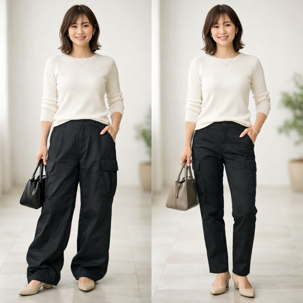 左はワイドすぎて裾がたまり、サイドポケットが大きく目立つ重ためのカーゴパンツ。
右はやや細身のストレート寄りで、裾がすっきりし、ポケットも控えめな上品なカーゴパンツ。