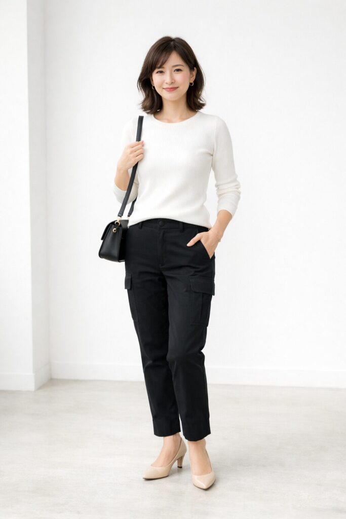 30代の大人女性による大人っぽいカーゴパンツコーデの全身実写風イメージ。黒のすっきりしたカーゴパンツ、白のコンパクトなニット、ベージュ系のきれいめ靴、小さめレザーバッグを合わせ、清潔感と上品さが伝わる