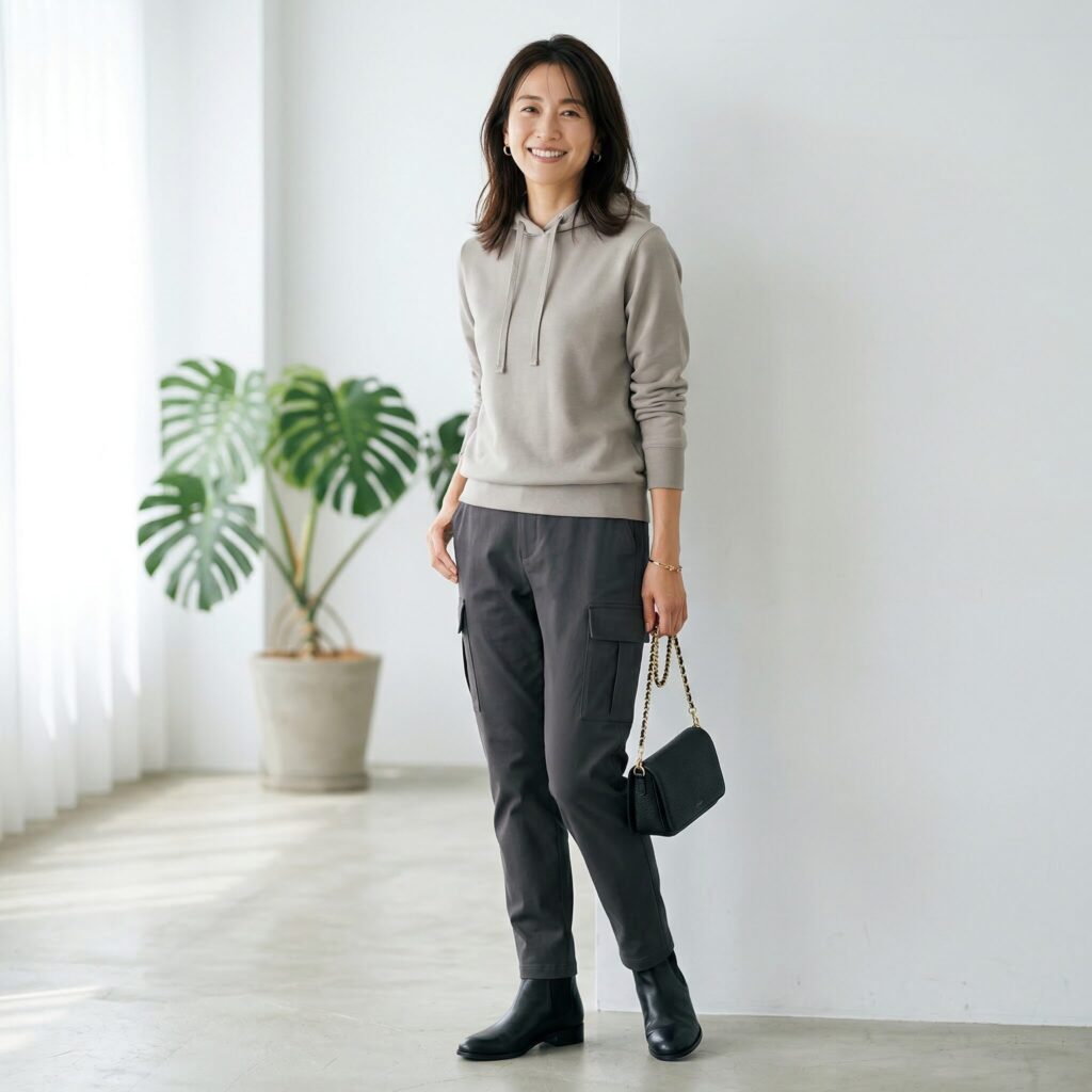 グレージュのコンパクトなパーカー、チャコールの細身寄りカーゴパンツ、黒のショートブーツ、小さめレザーバッグ、控えめなアクセサリーを合わせた上品で自然な着こなし。