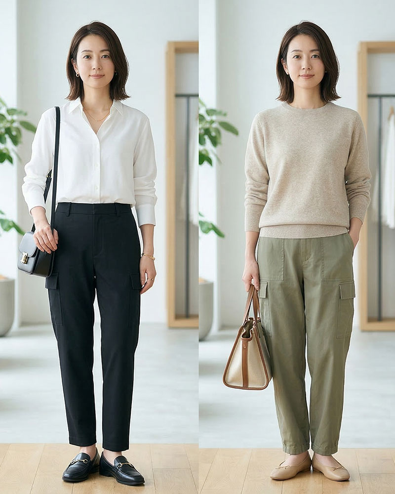 左は黒のカーゴパンツは白シャツと黒ローファーでややきれいめに
右はカーキのカーゴパンツはやわらかいベージュニットとフラットシューズで自然なカジュアル