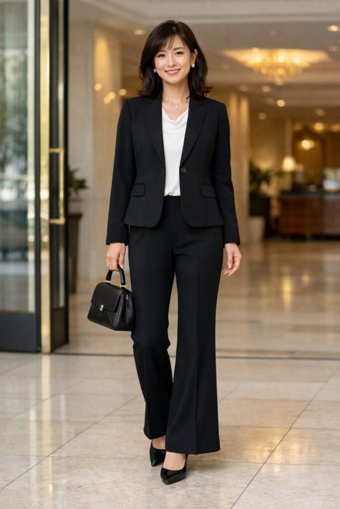 少しセレモニー寄りに見えやすいフレアパンツスーツ