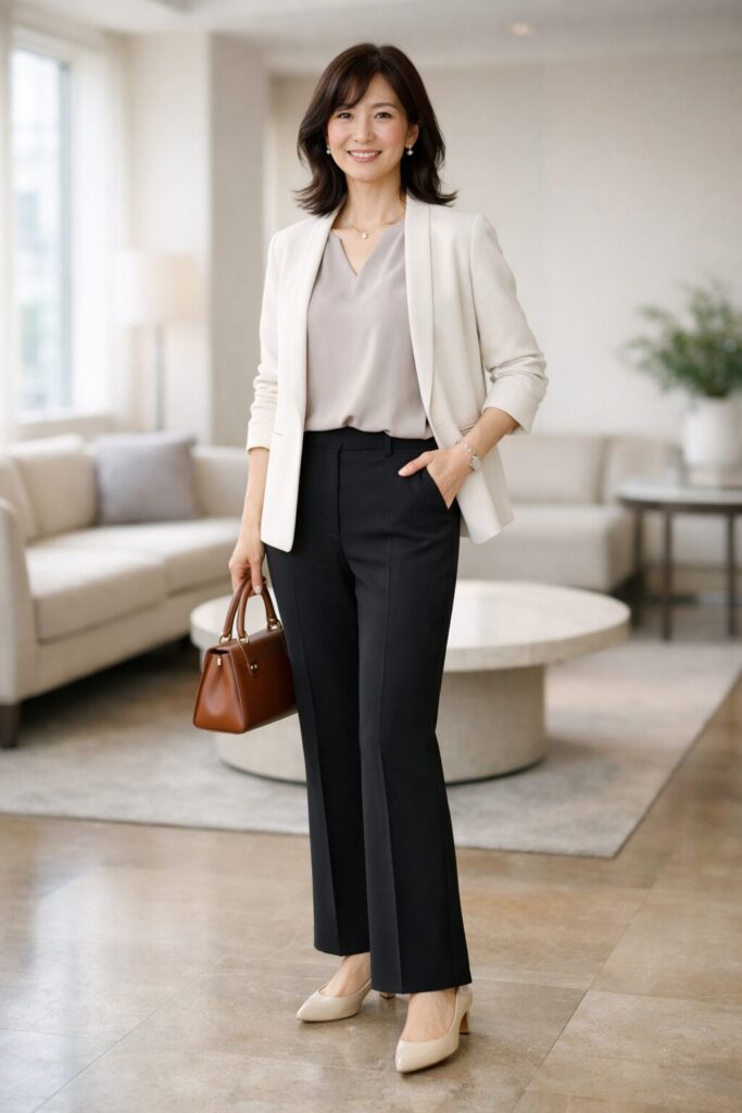 黒フレアパンツをきれいめに軽く見せやすいバランス