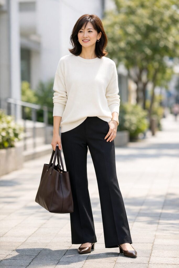 黒フレアパンツが少し重たく見えやすいトップス合わせ
