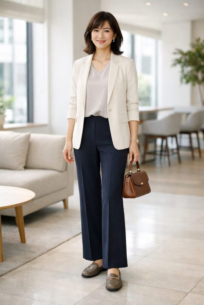 夏でも重く見えにくいフレアパンツのきれいめバランス