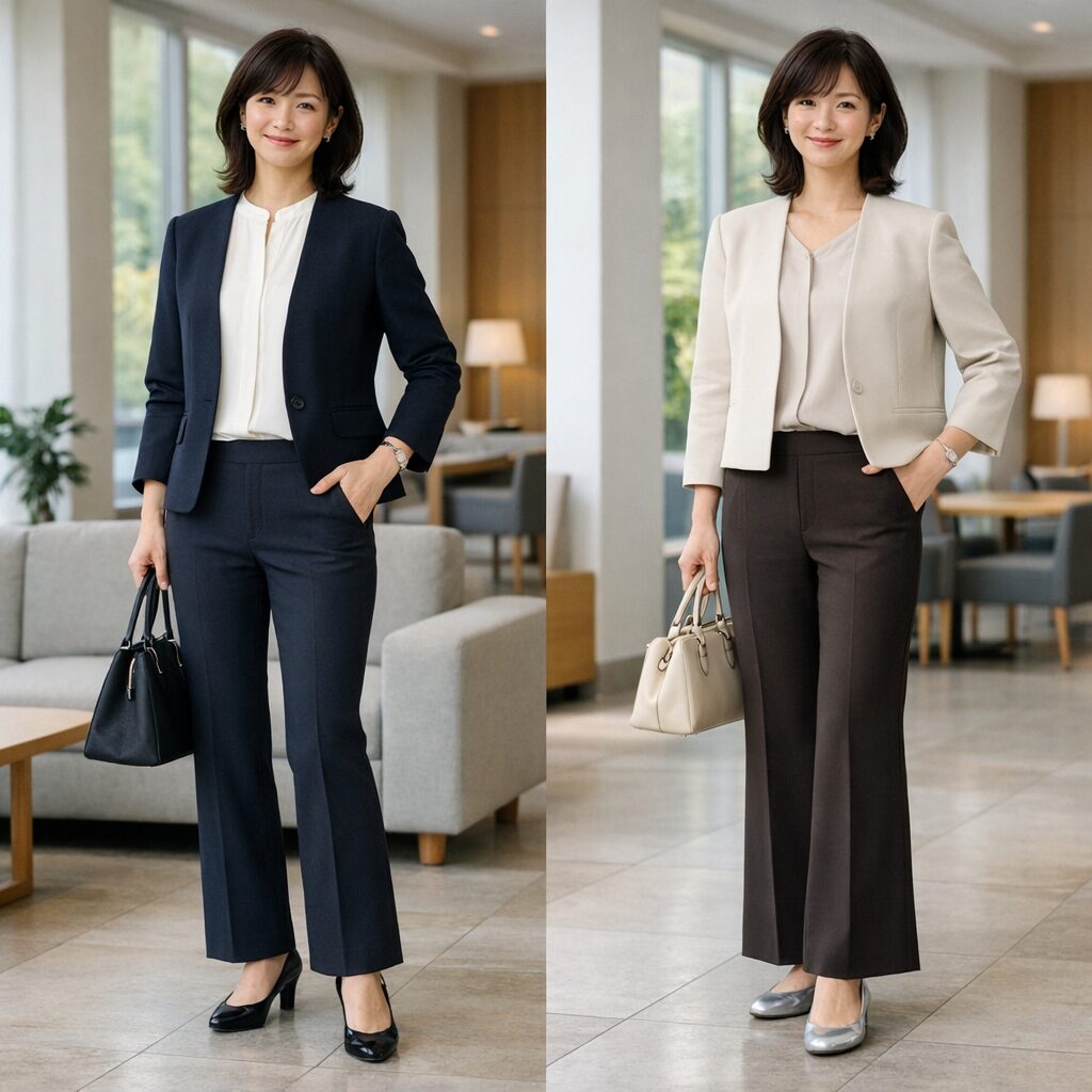 セミフレアとフレアパンツの裾の広がり方と足元のつながり比較