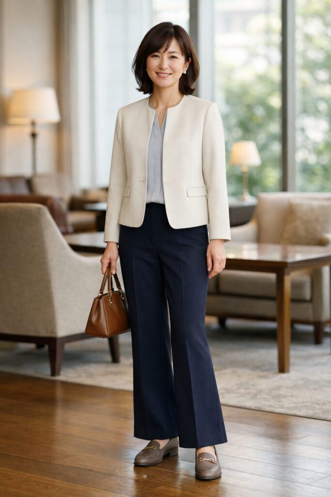 重心が上がって見えやすい短すぎないジャケット丈