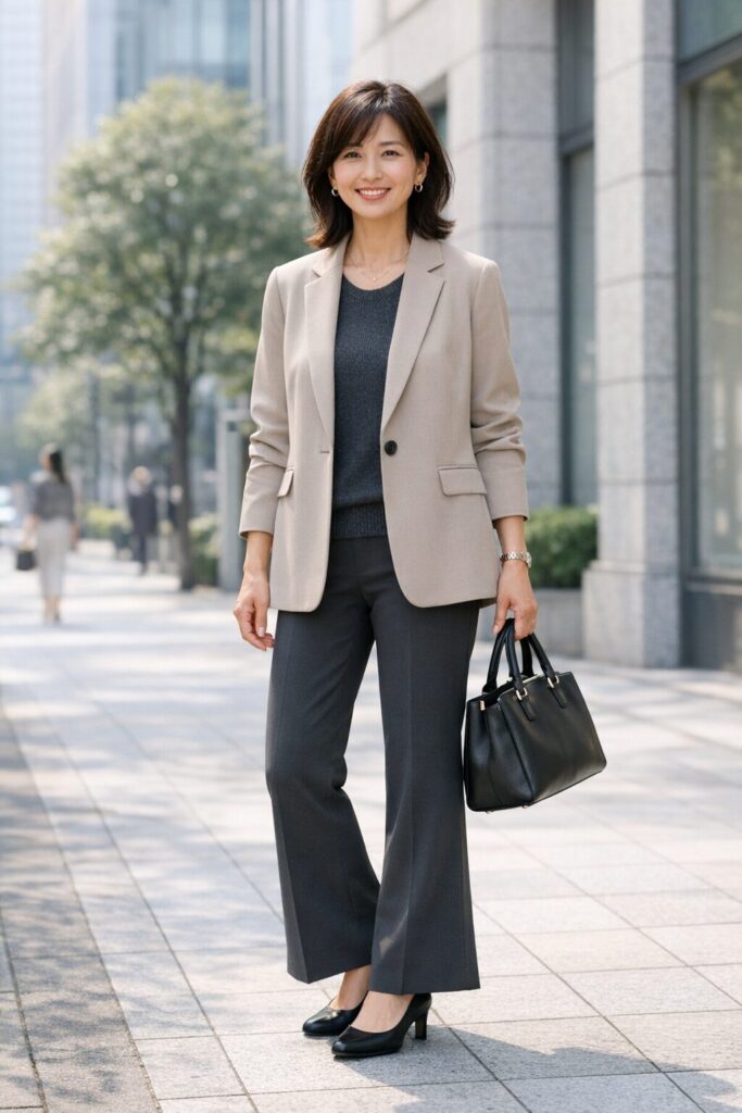 少し重たく見えやすい長めジャケット丈